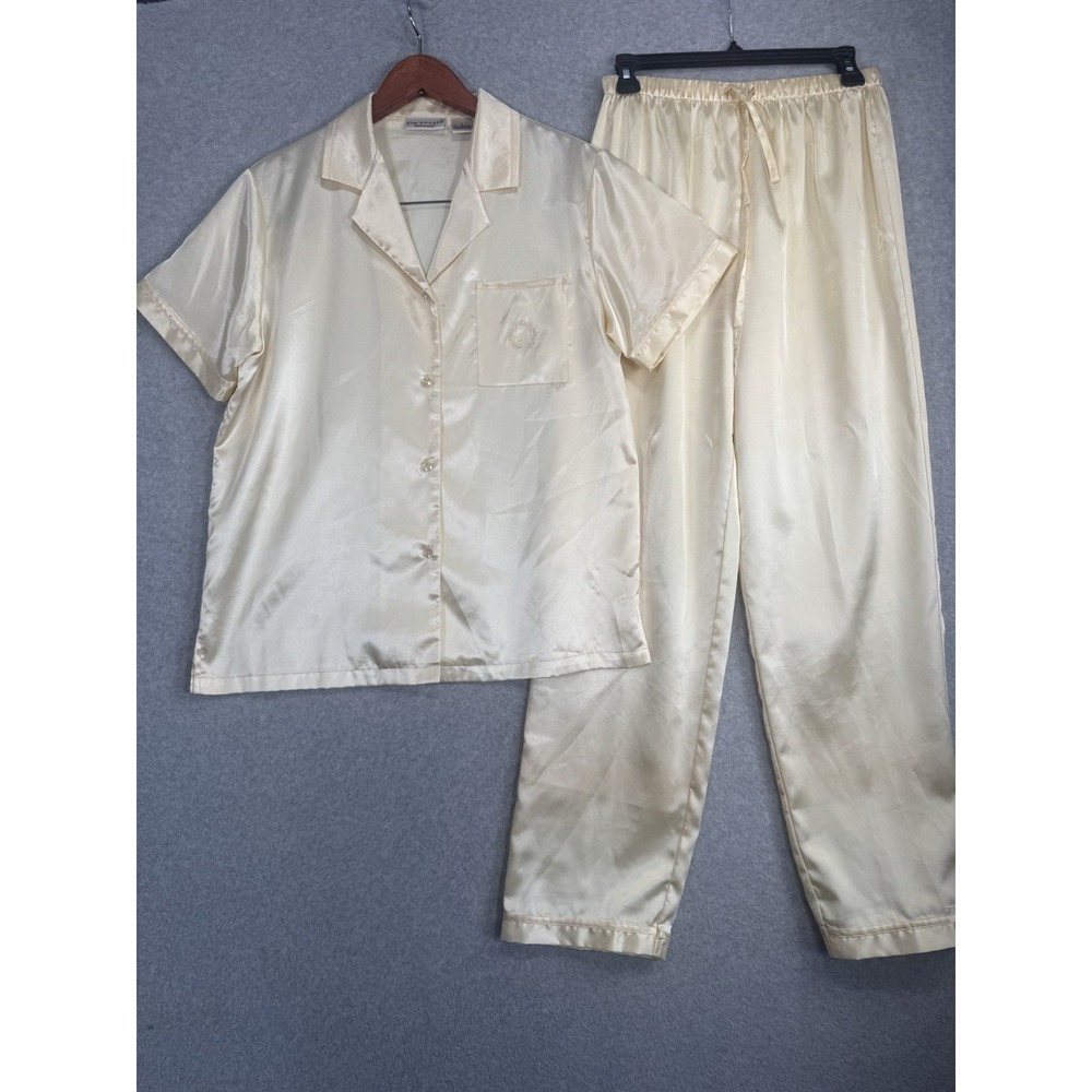 Kim‎ Rogers Intimates VTG Satin Button Up Sleep Shirt Pants Lounge Set Yellow S